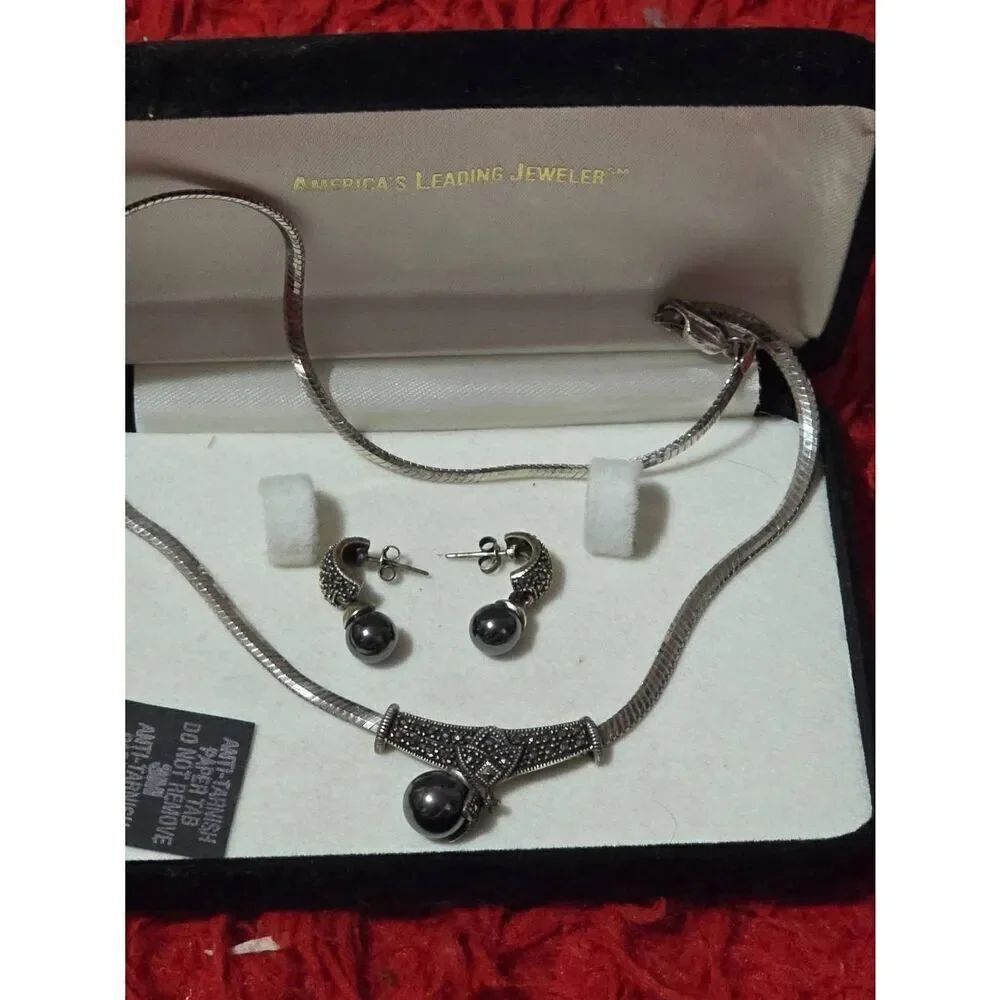 Vintage Sterling Silver and Marcasite with Black Pearls Necklace and Earrings Se